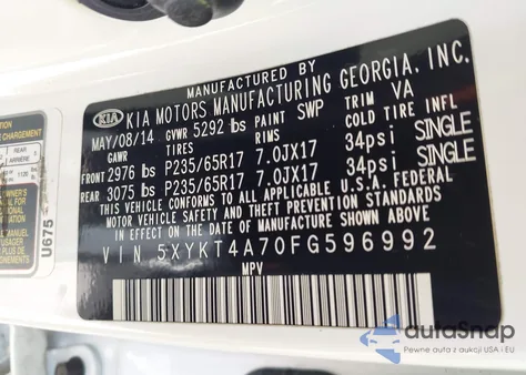 2015 Kia Sorento Lx V6 z USA, uszkodzony, nr VIN 5XYKT4A70FG596992